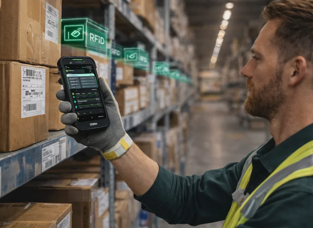 Pracownik magazynu z technologią RFID
